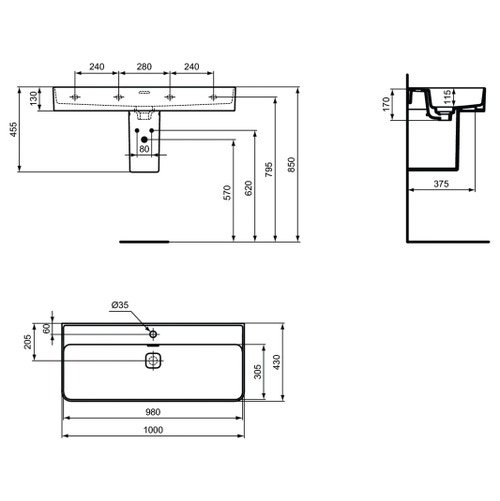 Immagine di Ideal Standard STRADA II lavabo rettangolare sospeso L.100 cm, monoforo, con  troppopieno, colore bianco T300201