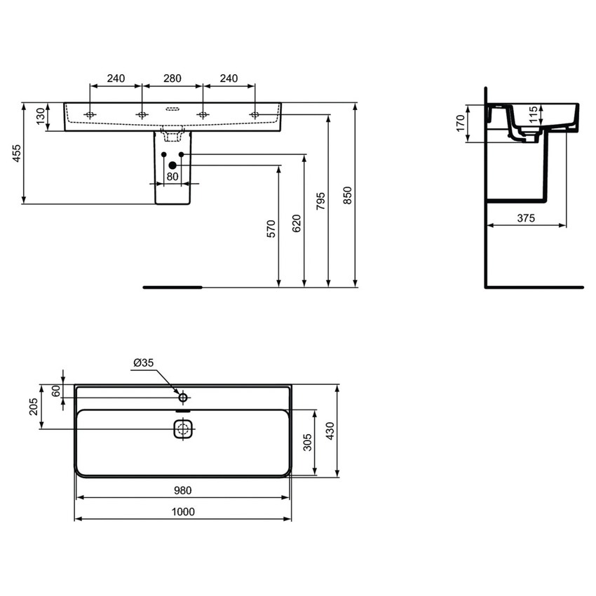 Immagine di Ideal Standard STRADA II lavabo rettangolare sospeso L.100 cm, monoforo, con  troppopieno, colore bianco T300201