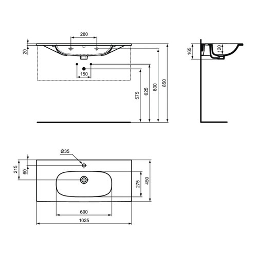 Immagine di Ideal Standard TESI lavabo top L.100 cm monoforo, con troppopieno, colore bianco seta finitura opaco T3508V1