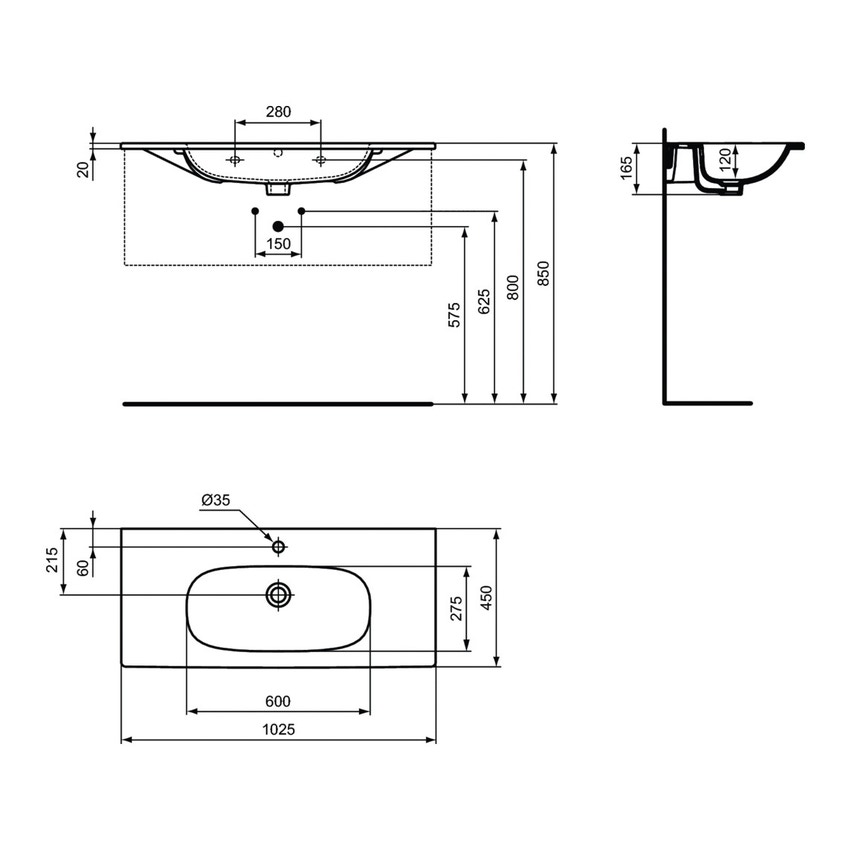 Immagine di Ideal Standard TESI lavabo top L.100 cm monoforo, con troppopieno, colore bianco seta finitura opaco T3508V1