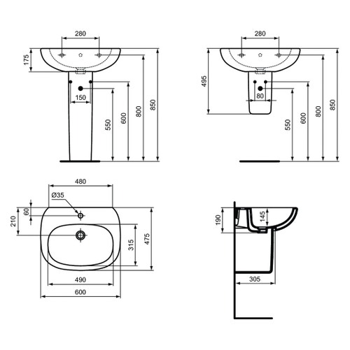 Immagine di Ideal Standard TESI lavabo L.60 cm monoforo, con troppopieno, colore bianco seta finitura opaco T3514V1