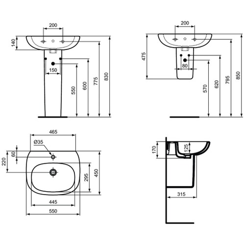 Immagine di Ideal Standard TESI lavabo L.55 cm monoforo, con troppopieno, colore bianco T351501