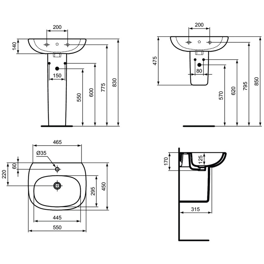 Immagine di Ideal Standard TESI lavabo L.55 cm monoforo, con troppopieno, colore bianco T351501