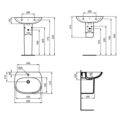 Immagine di Ideal Standard TESI lavabo L.60 cm, monoforo, con troppopieno, colore bianco T352201