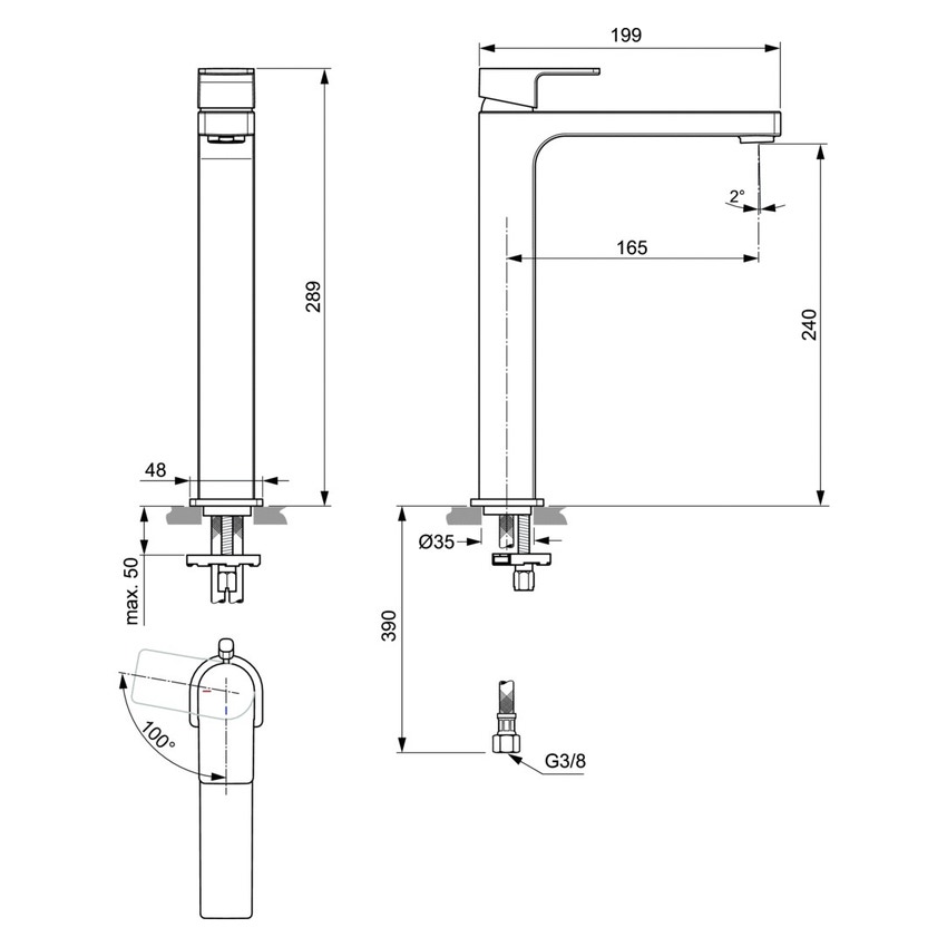 Immagine di Ideal Standard EDGE miscelatore monocomando da appoggio su piano H.29 cm, con sistema di apertura a freddo Bluestart, senza asta di comando e scarico piletta, finitura cromo A7115AA