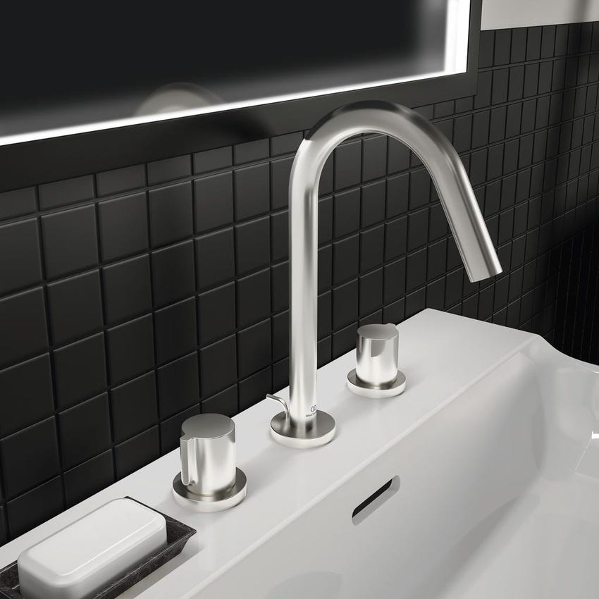 Immagine di Ideal Standard JOY miscelatore lavabo H.24.8 cm, 3 fori, con bocca di erogazione fissa, finitura silver storm BC783GN