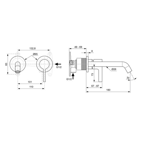 Immagine di Ideal Standard soluzione bagno doppio lavabo 60 cm su mensola 180 cm, colore bianco finitura lucido, doccia rettangolare 120x90 cm, colore grigio cemento finitura pietra opaco, rubinetteria finitura silver storm SING10