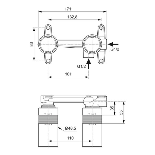Immagine di Ideal Standard soluzione bagno doppio lavabo 60 cm su mensola 180 cm, colore bianco finitura lucido, doccia rettangolare 120x90 cm, colore grigio cemento finitura pietra opaco, rubinetteria finitura silver storm SING10