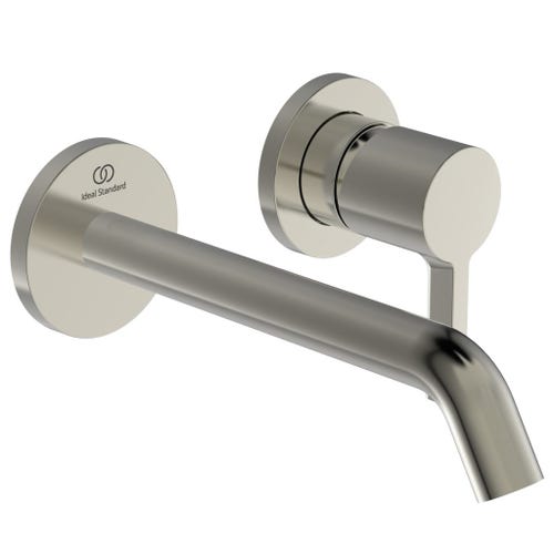 Immagine di Ideal Standard soluzione bagno doppio lavabo 60 cm su mensola 180 cm, colore bianco finitura lucido, doccia rettangolare 120x90 cm, colore grigio cemento finitura pietra opaco, rubinetteria finitura silver storm SING10