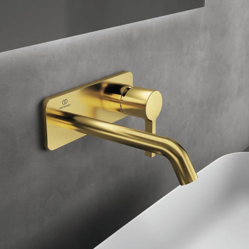 Immagine di Ideal Standard JOY miscelatore monocomando lavabo a parete P.18 cm, finitura brushed gold A7380A2