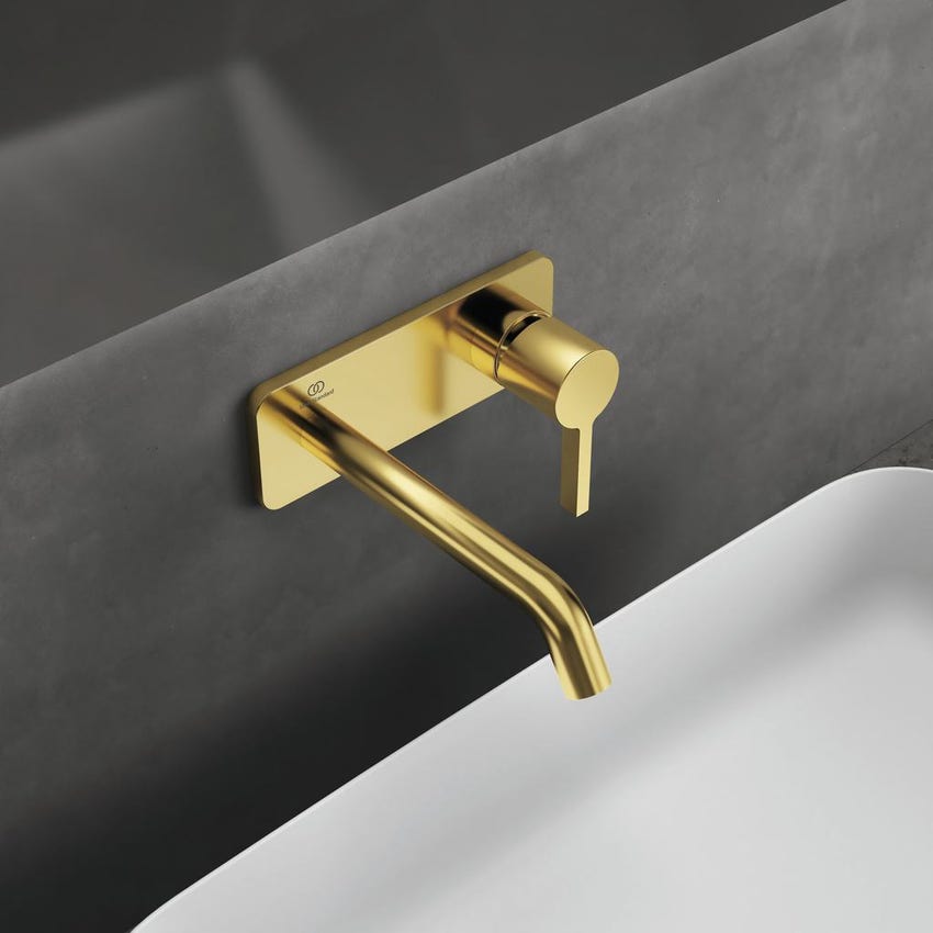 Immagine di Ideal Standard JOY miscelatore monocomando lavabo a parete P.18 cm, finitura brushed gold A7380A2
