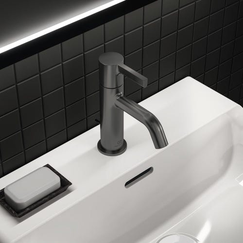 Immagine di Ideal Standard soluzione bagno completo, sanitari sospesi, lavabo 75 cm, colore bianco finitura lucido, mobile sottolavabo 120 cm, colore sunset finitura opaco, rubinetteria finitura magnetic grey SING4