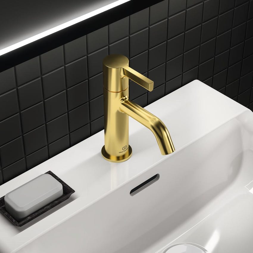 Immagine di Ideal Standard JOY miscelatore monocomando lavabo H.17 cm, senza scarico, finitura brushed gold BC776A2