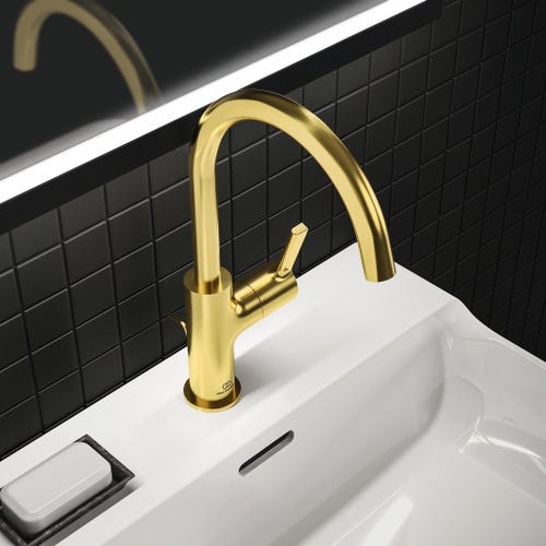 Immagine di Ideal Standard JOY miscelatore monocomando lavabo H.31 cm, con scarico, finitura brushed gold BC777A2