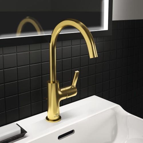 Immagine di Ideal Standard JOY miscelatore monocomando lavabo H.31 cm, con scarico, finitura brushed gold BC777A2