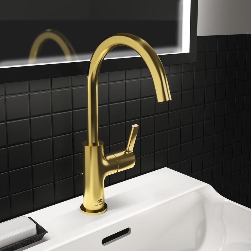 Immagine di Ideal Standard JOY miscelatore monocomando lavabo H.31 cm, con scarico, finitura brushed gold BC777A2