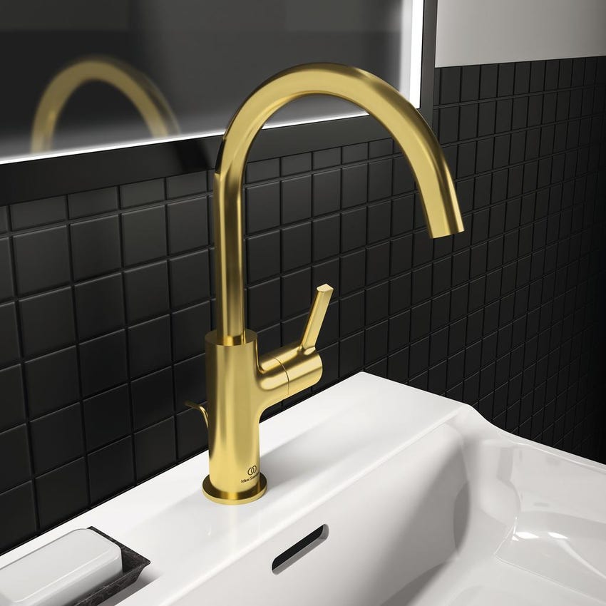 Immagine di Ideal Standard JOY miscelatore monocomando lavabo H.31 cm, con scarico, finitura brushed gold BC777A2