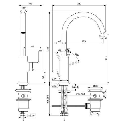Immagine di Ideal Standard JOY miscelatore monocomando lavabo H.31 cm, con scarico, finitura magnetic grey BC777A5
