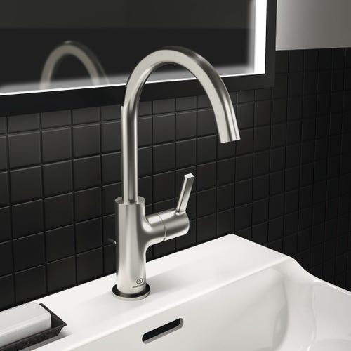 Immagine di Ideal Standard JOY miscelatore monocomando lavabo H.31 cm, con scarico, finitura silver storm BC777GN