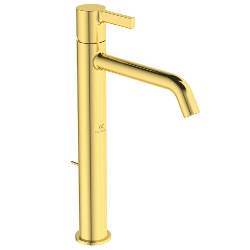 Immagine di Ideal Standard JOY miscelatore monocomando lavabo da appoggio H.31 cm, con scarico, finitura brushed gold BC781A2