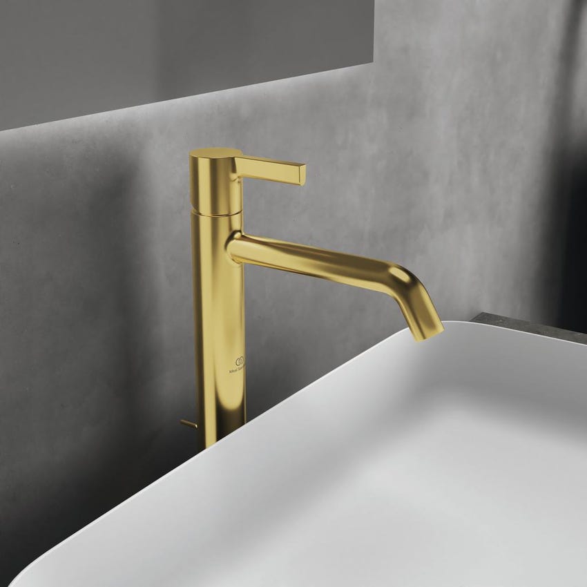 Immagine di Ideal Standard JOY miscelatore monocomando lavabo da appoggio H.31 cm, con scarico, finitura brushed gold BC781A2