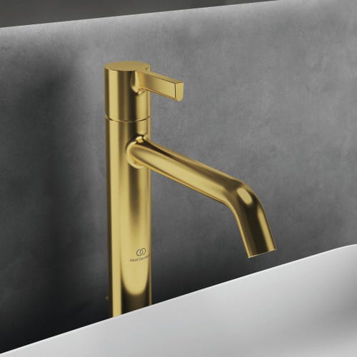 Immagine di Ideal Standard JOY miscelatore monocomando lavabo da appoggio H.31 cm, con scarico, finitura brushed gold BC781A2