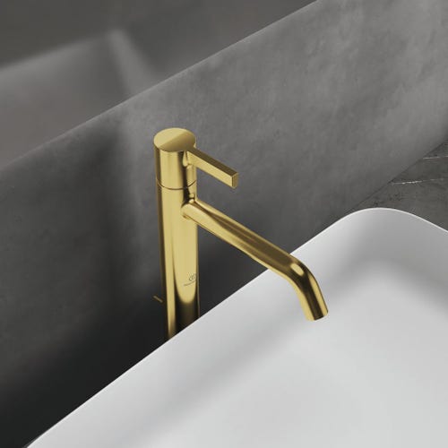 Immagine di Ideal Standard JOY miscelatore monocomando lavabo da appoggio H.31 cm, con scarico, finitura brushed gold BC781A2