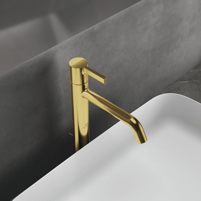 Immagine di Ideal Standard JOY miscelatore monocomando lavabo da appoggio H.31 cm, con scarico, finitura brushed gold BC781A2