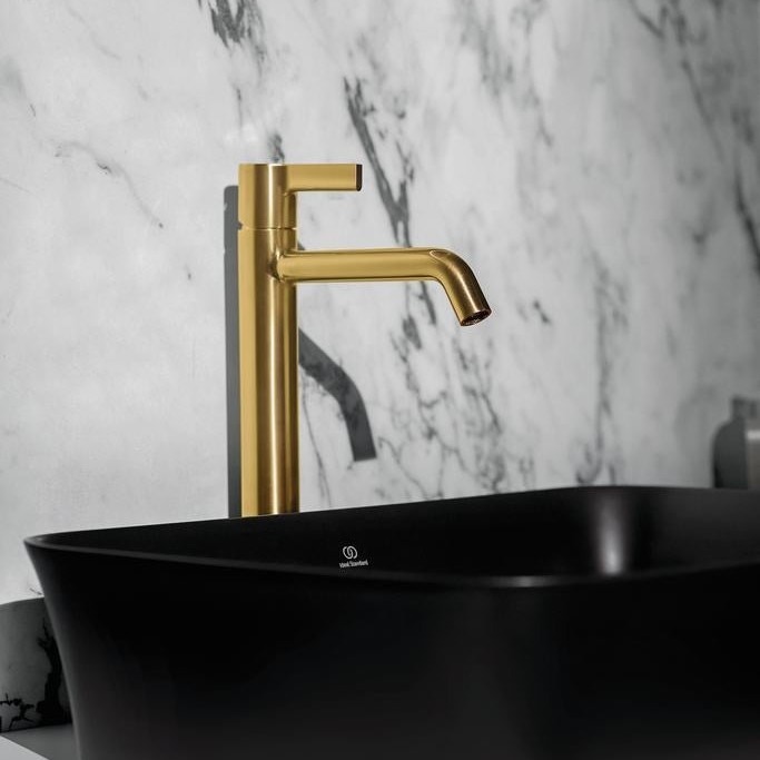 Immagine di Ideal Standard JOY miscelatore monocomando lavabo da appoggio H.31.3 cm, senza scarico, finitura brushed gold BC782A2
