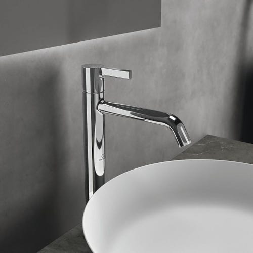 Immagine di Ideal Standard CONCA set con lavabo d’appoggio L.55 P.38 cm, colore bianco, miscelatore monocomando da appoggio, finitura cromo, mobile sottolavabo L.60 cm, colore bianco finitura opaco, mensola L.120, colore bianco finitura opaco CONCA08