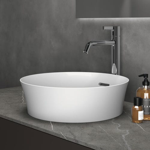 Immagine di Ideal Standard CONCA set con lavabo d’appoggio L.55 P.38 cm, colore bianco, miscelatore monocomando da appoggio, finitura cromo, mobile sottolavabo L.60 cm, colore bianco finitura opaco, mensola L.120, colore bianco finitura opaco CONCA08