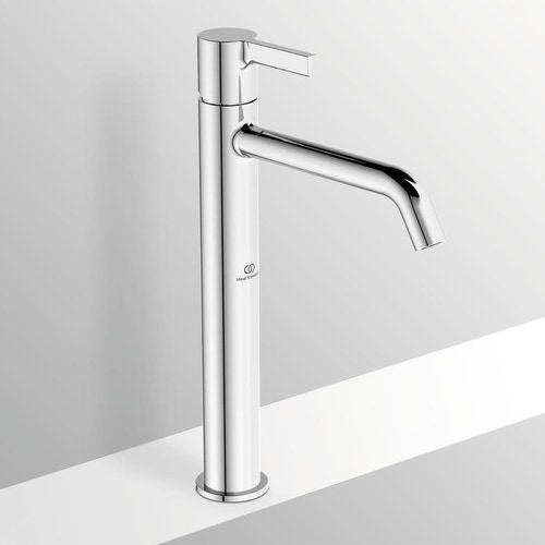 Immagine di Ideal Standard CONCA set con lavabo d’appoggio L.55 P.38 cm, colore bianco, miscelatore monocomando da appoggio, finitura cromo, mobile sottolavabo L.60 cm, colore bianco finitura opaco, mensola L.120, colore bianco finitura opaco CONCA08