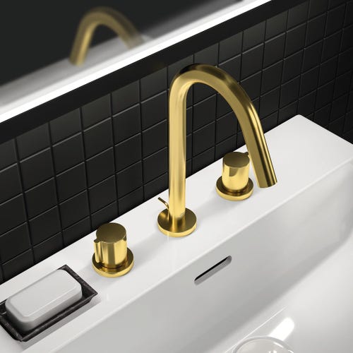 Immagine di Ideal Standard JOY miscelatore monocomando lavabo 3 fori, con scarico, finitura brushed gold BC783A2