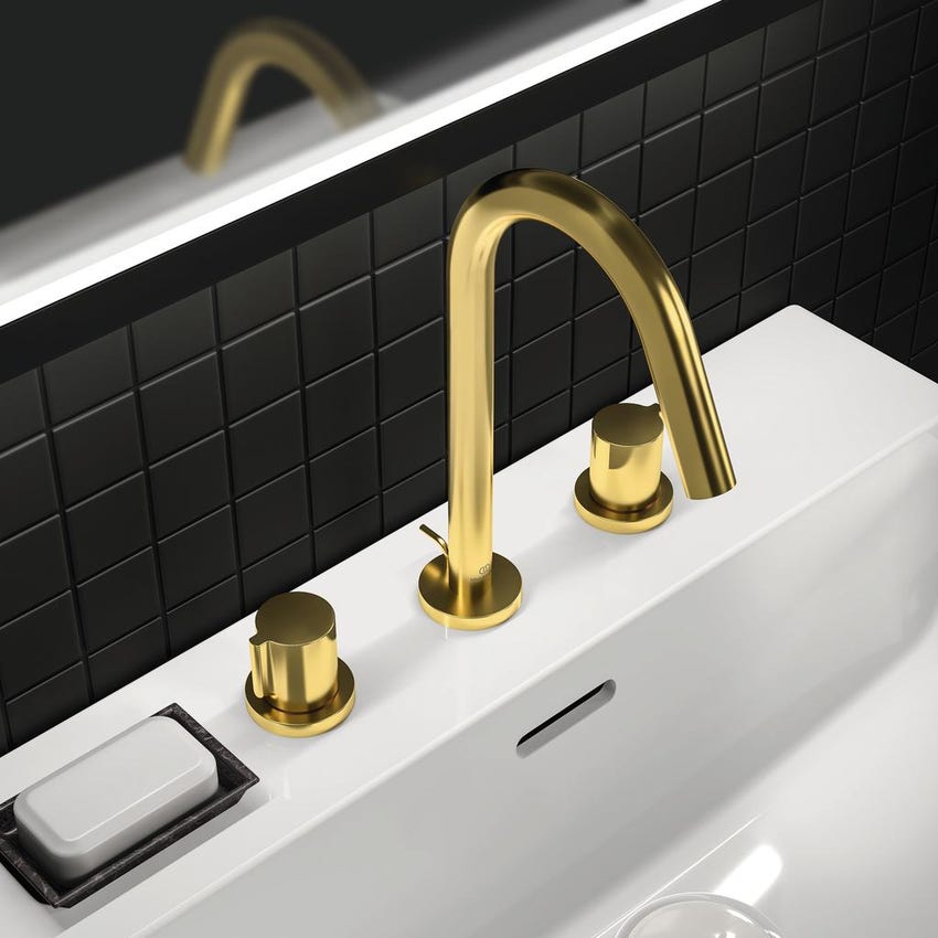 Immagine di Ideal Standard JOY miscelatore monocomando lavabo 3 fori, con scarico, finitura brushed gold BC783A2
