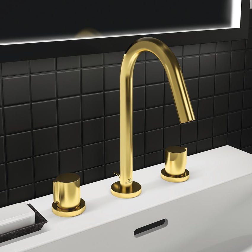 Immagine di Ideal Standard JOY miscelatore monocomando lavabo 3 fori, con scarico, finitura brushed gold BC783A2