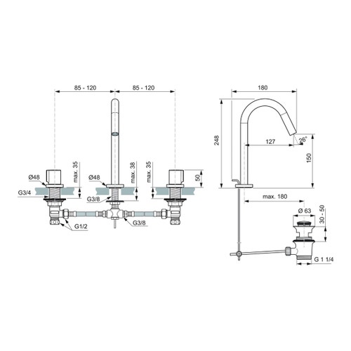 Immagine di Ideal Standard JOY miscelatore monocomando lavabo 3 fori, con scarico, finitura magnetic grey BC783A5