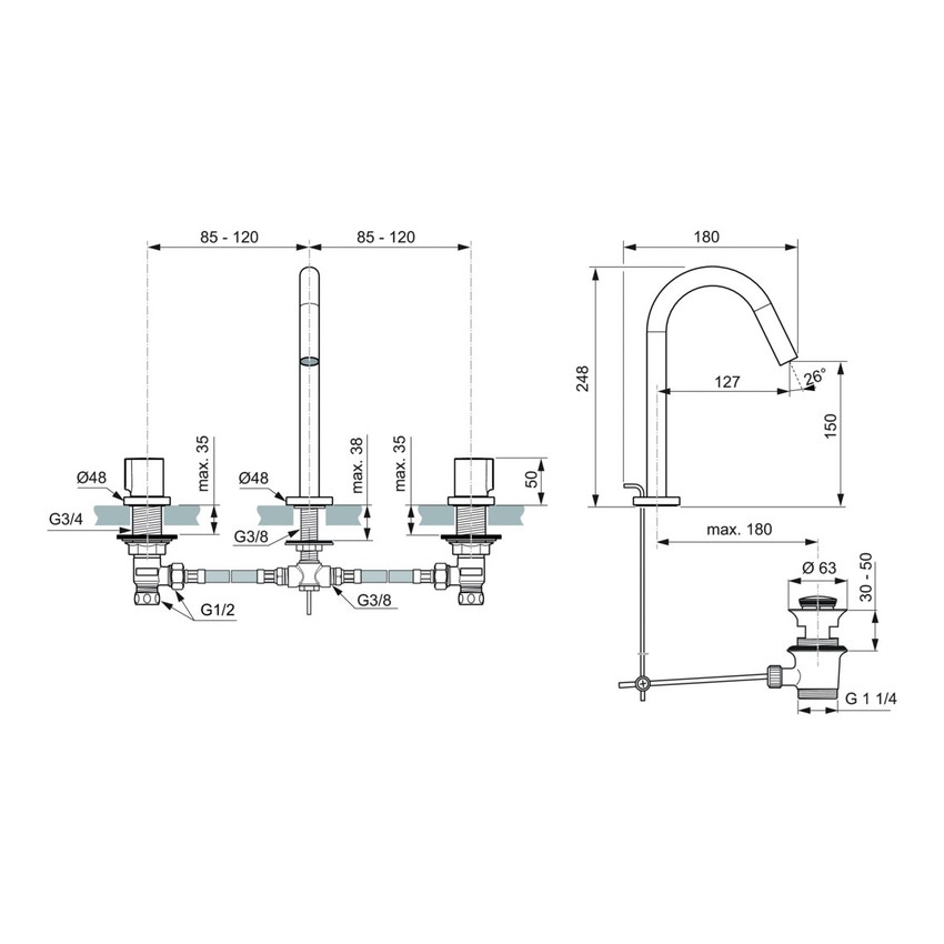 Immagine di Ideal Standard JOY miscelatore monocomando lavabo 3 fori, con scarico, finitura magnetic grey BC783A5