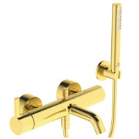 Immagine di Ideal Standard JOY miscelatore monocomando esterno per vasca/doccia, con doccetta a 1 funzione, supporto fisso a muro e flessibile 160 cm, finitura brushed gold BC787A2