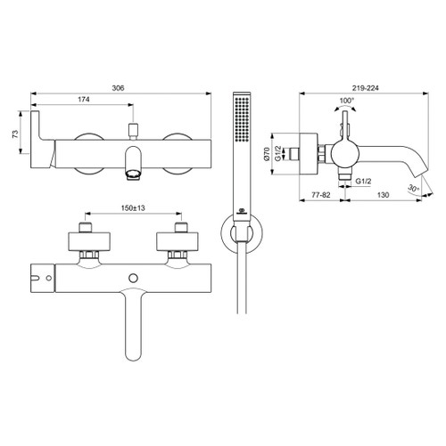 Immagine di Ideal Standard JOY miscelatore monocomando esterno per vasca/doccia, con doccetta a 1 funzione, supporto fisso a muro e flessibile 160 cm, finitura magnetic grey BC787A5