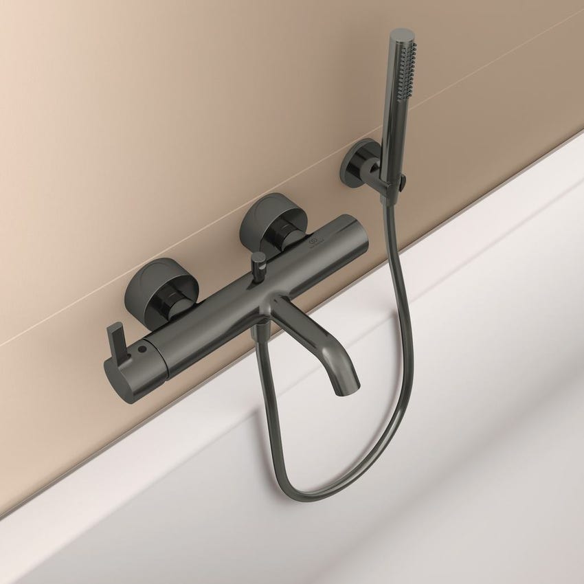 Immagine di Ideal Standard JOY miscelatore monocomando esterno per vasca/doccia, con doccetta a 1 funzione, supporto fisso a muro e flessibile 160 cm, finitura magnetic grey BC787A5