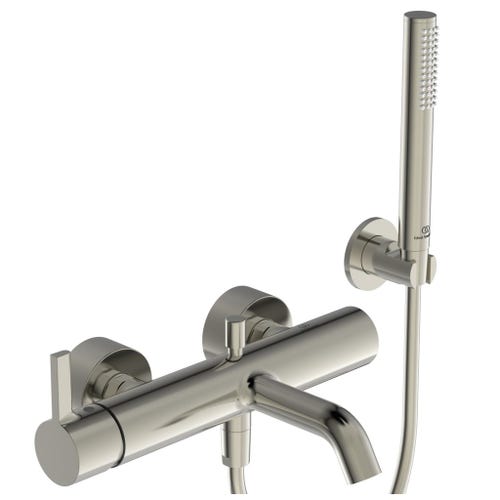 Immagine di Ideal Standard JOY miscelatore monocomando esterno per vasca/doccia, con doccetta a 1 funzione, supporto fisso a muro e flessibile 160 cm, finitura silver storm BC787GN