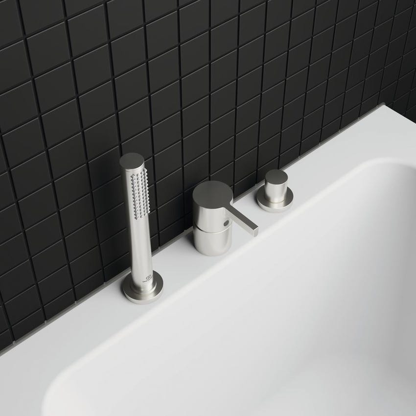 Immagine di Ideal Standard JOY gruppo bordo vasca 3 fori, con deviatore e doccetta stilo a 1 funzione, finitura silver storm BC788GN