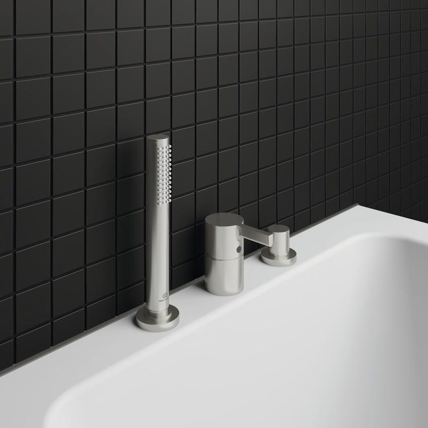 Immagine di Ideal Standard JOY gruppo bordo vasca 3 fori, con deviatore e doccetta stilo a 1 funzione, finitura silver storm BC788GN