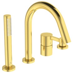Immagine di Ideal Standard JOY gruppo bordo vasca 4 fori, con deviatore, bocca di erogazione, doccetta stilo a 1 funzione e porta doccetta, finitura brushed gold BC789A2