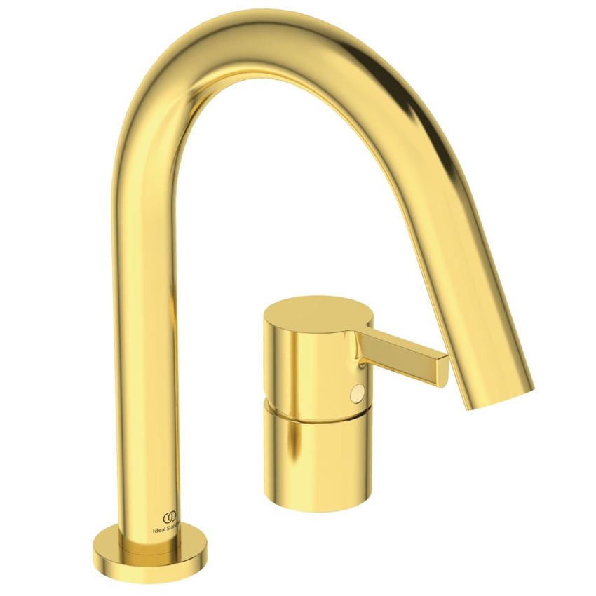 Immagine di Ideal Standard JOY gruppo bordo vasca 4 fori, con deviatore, bocca di erogazione, doccetta stilo a 1 funzione e porta doccetta, finitura brushed gold BC789A2