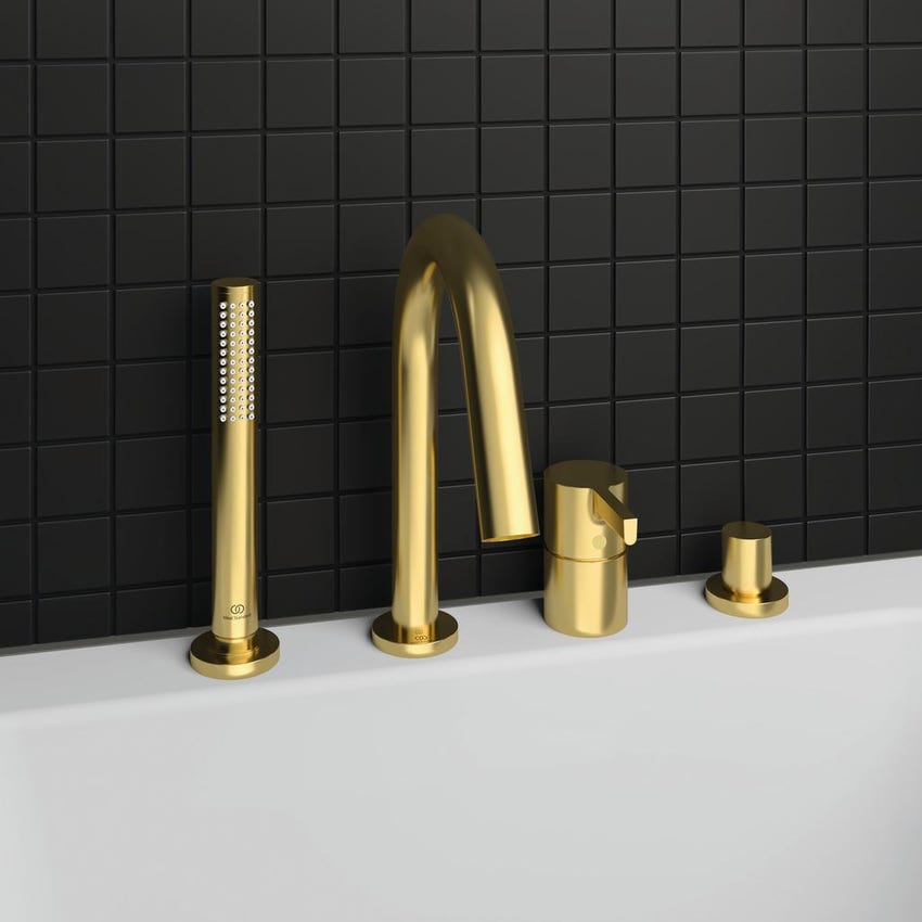 Immagine di Ideal Standard JOY gruppo bordo vasca 4 fori, con deviatore, bocca di erogazione, doccetta stilo a 1 funzione e porta doccetta, finitura brushed gold BC789A2