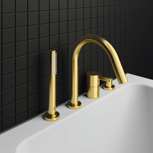 Immagine di Ideal Standard JOY gruppo bordo vasca 4 fori, con deviatore, bocca di erogazione, doccetta stilo a 1 funzione e porta doccetta, finitura brushed gold BC789A2