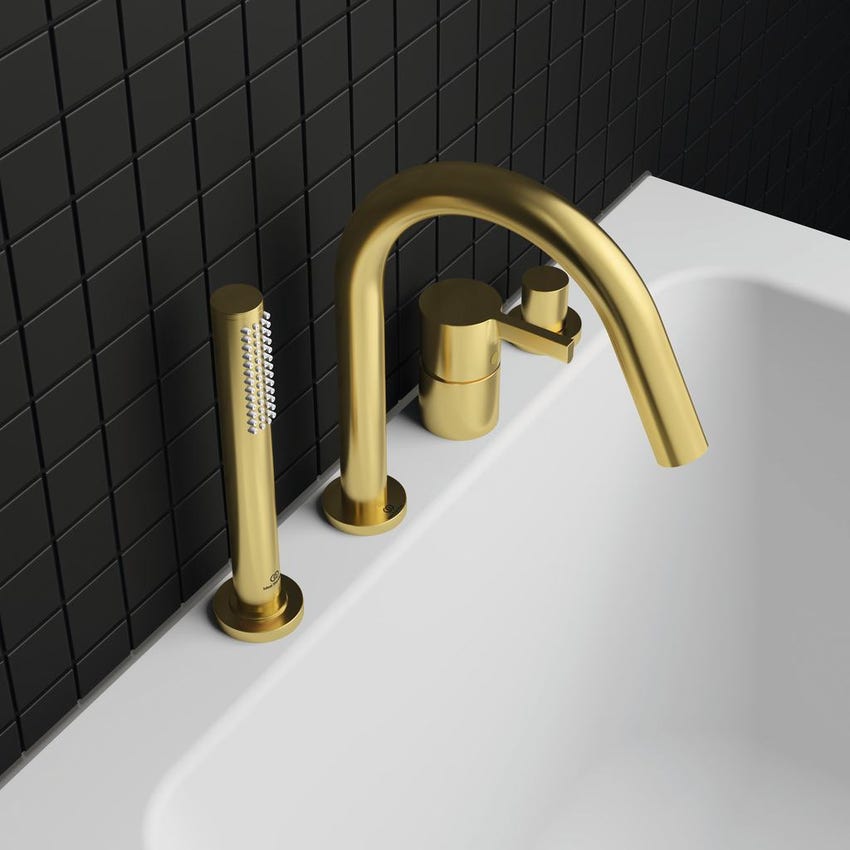 Immagine di Ideal Standard JOY gruppo bordo vasca 4 fori, con deviatore, bocca di erogazione, doccetta stilo a 1 funzione e porta doccetta, finitura brushed gold BC789A2