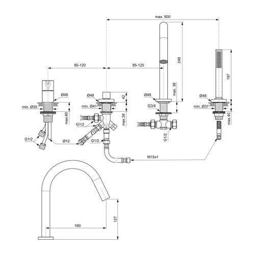 Immagine di Ideal Standard JOY gruppo bordo vasca 4 fori, con deviatore, bocca di erogazione, doccetta stilo a 1 funzione e porta doccetta, finitura cromo BC789AA
