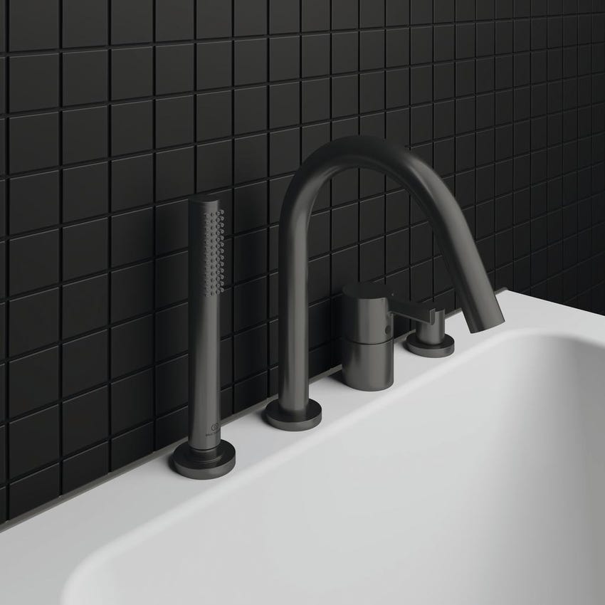 Immagine di Ideal Standard JOY gruppo bordo vasca 4 fori, con deviatore, bocca di erogazione, doccetta stilo a 1 funzione e porta doccetta, finitura magnetic grey BC789A5